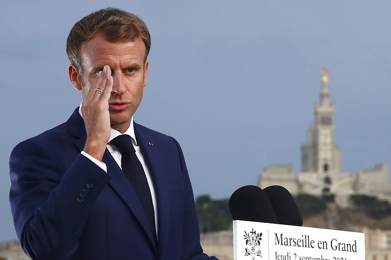 French President Emmanuel Macron delivers a speech at the Palais du Pharo, as part of a three day visit in Marseille, Southern France, Thursday Sept. 2, 2021. (Guillaume Horcajuelo / Pool photo via AP)