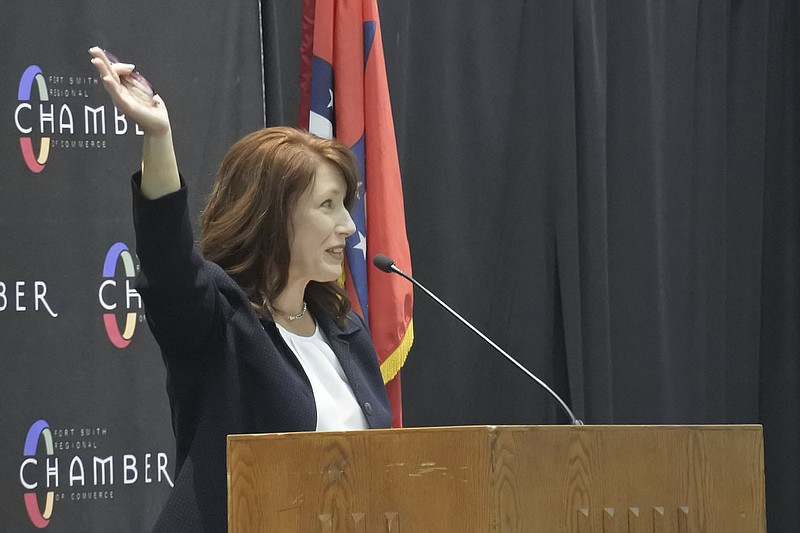 Terisa Riley, chancellor for the University of Arkansas - Fort Smith, speaks during the Fort Smith Regional Chamber of Commerce's First Friday Breakfast, which was held at the university, Sept. 10.
(NWA Democrat-Gazette/Thomas Saccente)