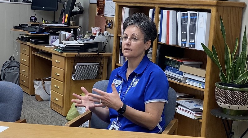 Jessieville School District Superintendent Melissa Speers talks about the recent surge in positive cases of COVID-19 on campus this week. - Photo by Brandon Smith of The Sentinel-Record