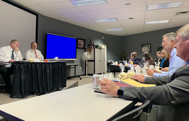 Bryan Law, Northwest Arkansas Education Service Cooperative director, addresses regional superintendents Thursday at the cooperative's first Board of Directors meeting of the school year. (NWA Democrat-Gazette/Mary Jordan)