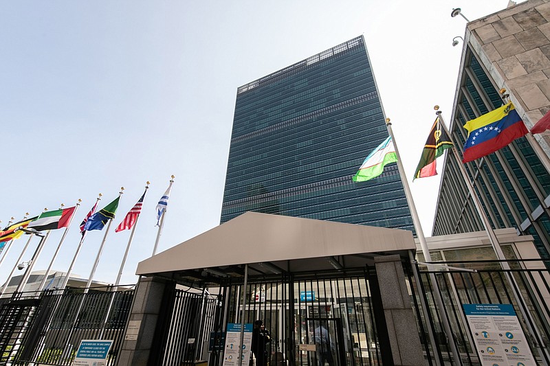 International flags fly outside the United Nations headquarters on Sept. 22. 2020. MUST CREDIT: Bloomberg photo by Jeenah Moon.