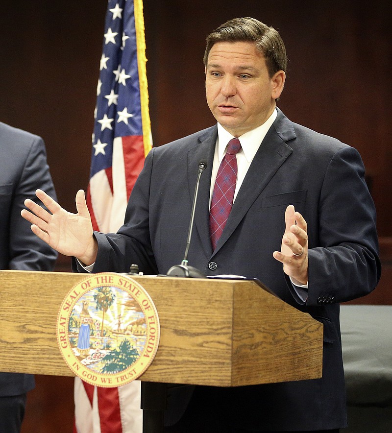Florida Governor Ron DeSantis speaks about Florida job opportunities during a visit to DeFuniak Springs, Fla., Thursday, Sept. 9, 2021, to announce $500,000 in grants for Walton County. (Michael Snyder/Northwest Florida Daily News via AP)