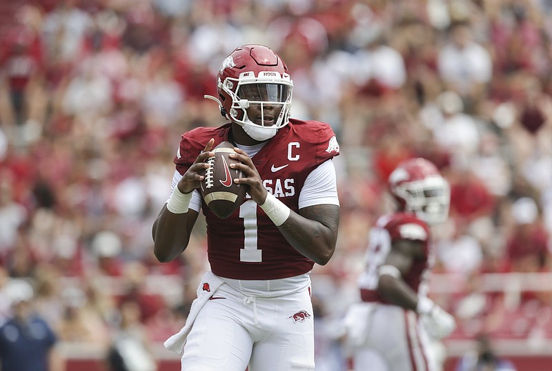 Arkansas quarterback K.J. Jefferson (1) looks to pass during the first quarter of last Saturday's football game at Donald W. Reynolds Razorback Stadium in Fayetteville. - Photo by Charlie Kaijo of NWA Democrat-Gazette