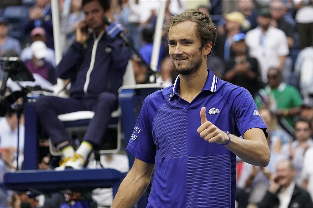 Daniil Medvedev, of Russia, reacts after defeating Felix Auger-Aliassime, of Canada, during the semifinals of the US Open tennis championships, Friday, Sept. 10, 2021, in New York. (AP Photo/Seth Wenig)