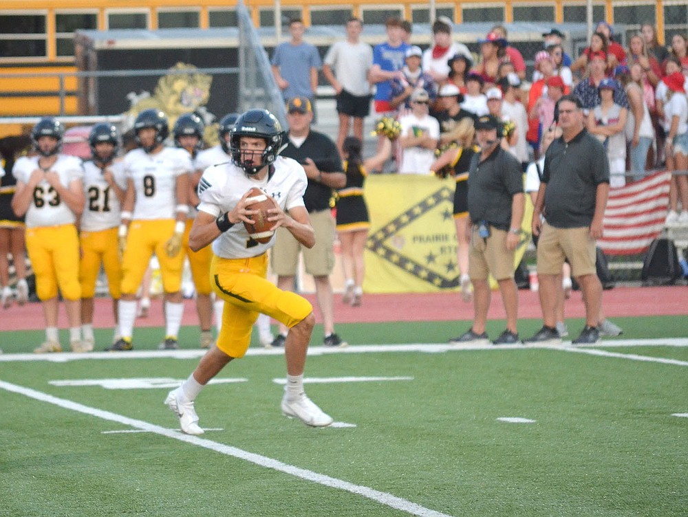 ANNETTE BEARD PEA RIDGE TIMES/Prairie Grove quarterback prepares to pass Friday, Sept. 10, 2021. The Tigers came in wanting to produce more consistency in their passing game.