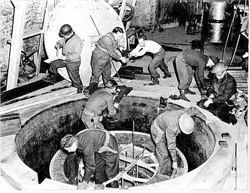 A photo provided by the Brookhaven National Laboratory shows the dismantling of the German experimental nuclear pile at Haigerloch, southwest of Stuttgart, in April 1945.  Scientists at the Pacific Northwest National Laboratory and the University of Maryland are working to determine whether three uranium cubes they have in their possession were produced by Germany’s failed nuclear program during World War II. (David Irving/Brookhaven National Laboratory/Emilio Segrè Visual Archives via The New York Times) -- NO SALES; FOR EDITORIAL USE ONLY WITH NYT STORY SLUGGED NAZI URANIUM BY JESUS JIMÉNEZ FOR SEPT. 10, 2021. ALL OTHER USE PROHIBITED. --