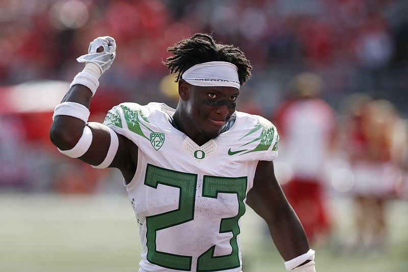 Oregon defensive back celebrates their 35-28 win over Ohio State after an NCAA college football game Saturday, Sept. 11, 2021, in Columbus, Ohio. Oregon beat Ohio State 35-28. (AP Photo/Jay LaPrete)