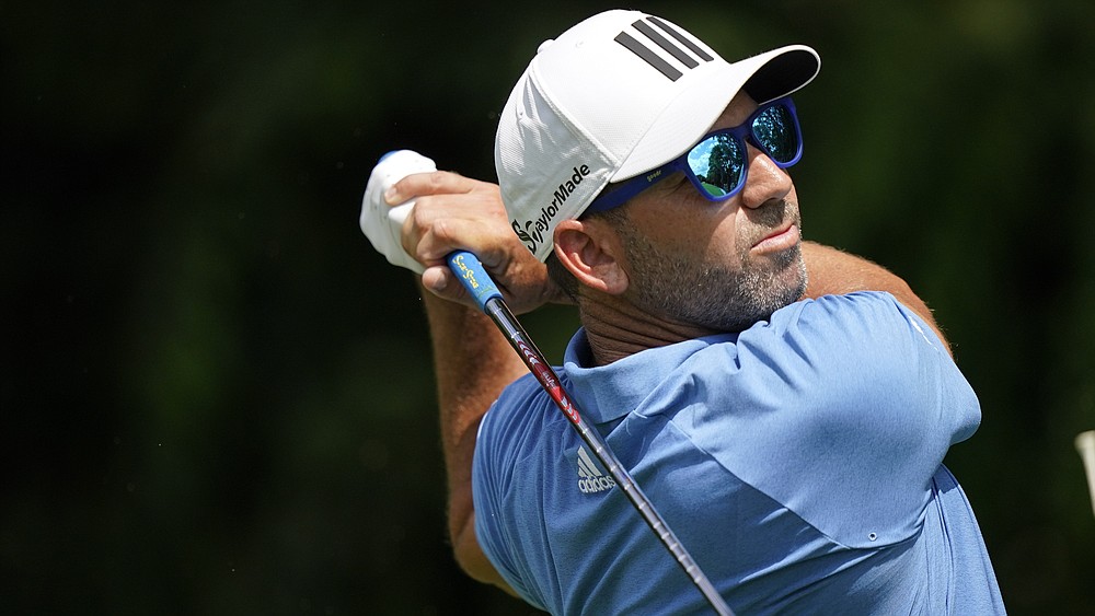 Sergio Garcia hits on the second tee during the first round of the Tour Championship golf tournament Thursday, Sept. 2, 2021, at East Lake Golf Club in Atlanta. (AP Photo/Brynn Anderson)