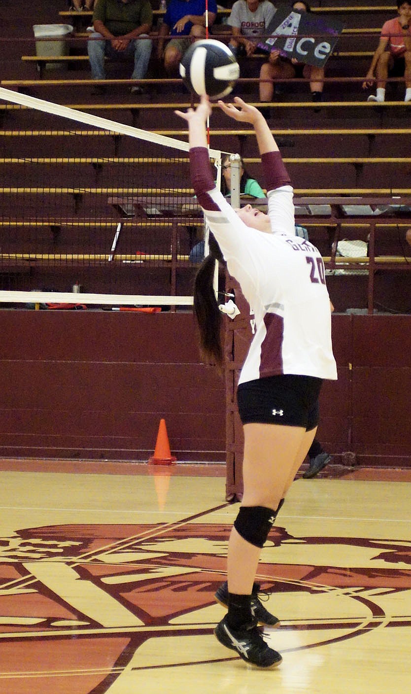 Westside Eagle Observer/RANDY MOLL
Gentry sophomore Brynn Cordeiro returns the ball back over the net during play against the visiting Lady Blackhawks from Pea Ridge on Thursday.