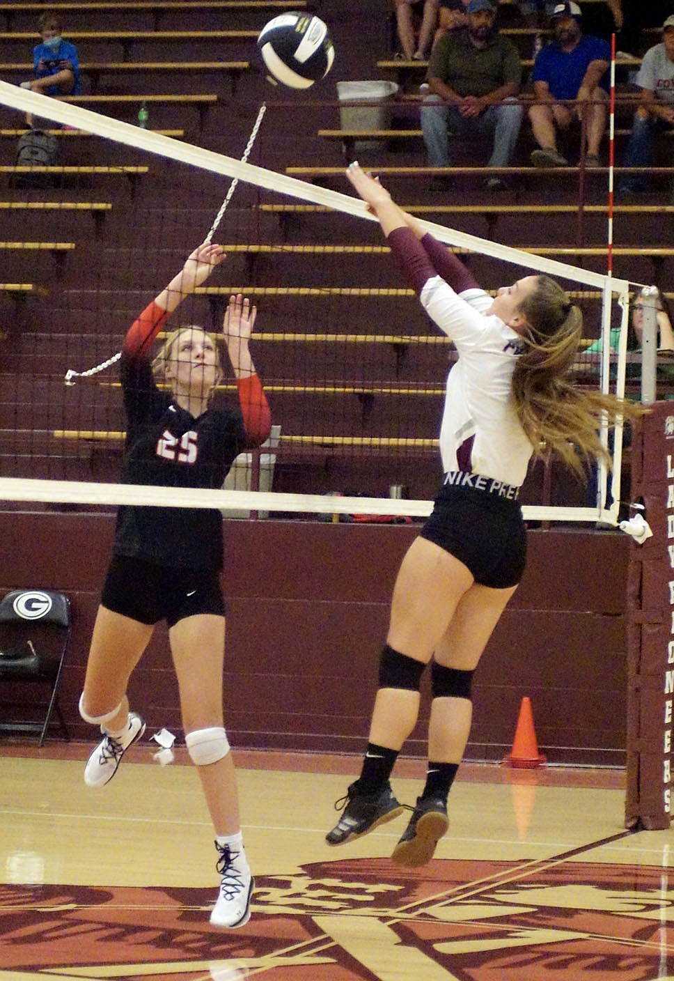 Westside Eagle Observer/RANDY MOLL
Gentry junior Madison Voyles goes up to block a Pea Ridge volley during play at Gentry High School on Thursday.