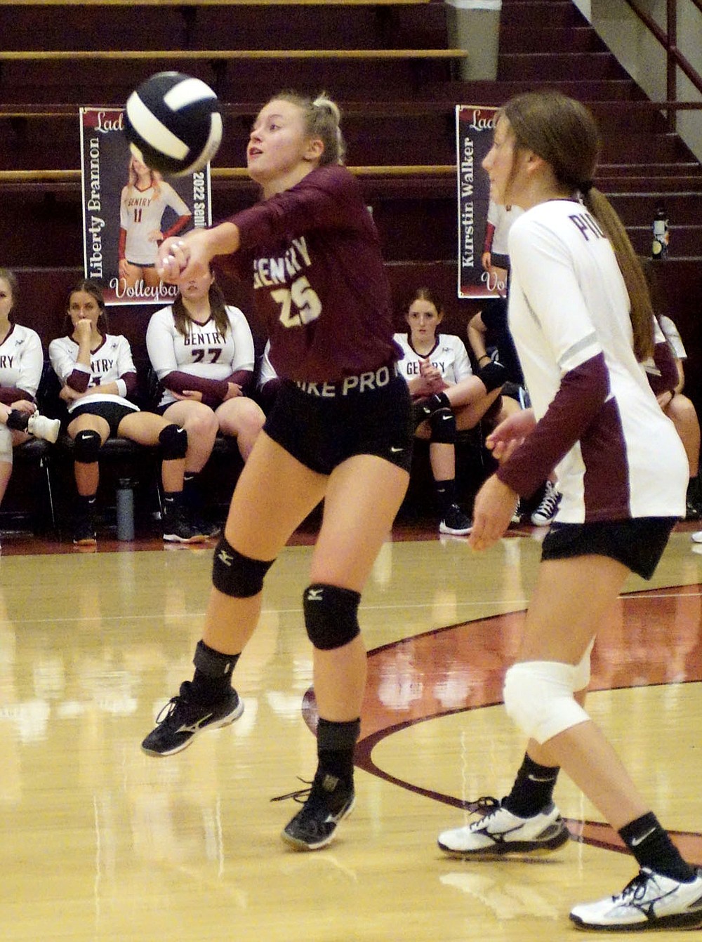 Westside Eagle Observer/RANDY MOLL
Gentry senior Liberty Brannon receives a serve when the Lady Pioneers hosted the Lady Blackhawks from Pea Ridge on Thursday.