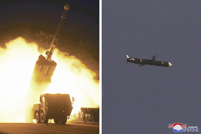 This combination of photos provided by the North Korean government on Monday, Sept. 13, 2021, shows long-range cruise missiles tests held on Sept. 11 -12, 2021 in an undisclosed location of North Korea. North Korea says it successfully test fired what it described as newly developed long-range cruise missiles over the weekend, its first known testing activity in months that underscored how it continues to expand its military capabilities amid a stalemate in nuclear negotiations with the United States. Independent journalists were not given access to cover the event depicted in this image distributed by the North Korean government. The content of this image is as provided and cannot be independently verified. Korean language watermark on image as provided by source reads: &quot;KCNA&quot; which is the abbreviation for Korean Central News Agency. (Korean Central News Agency/Korea News Service via AP)