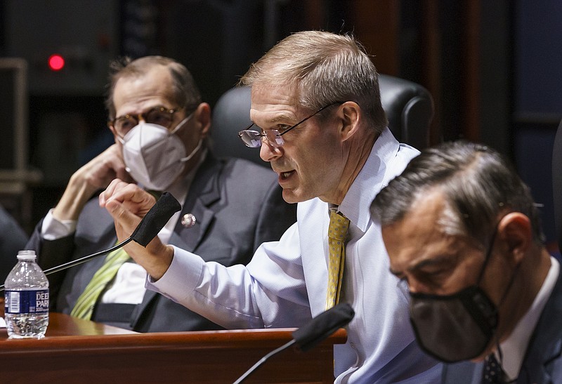 House Judiciary Committee Chair Jerrold Nadler, D-N.Y., left, listens as Rep. Jim Jordan, R-Ohio, the ranking member, makes an opening statement during a markup session as congressional Democrats speed ahead this week in pursuit of President Joe Biden's $3.5 trillion plan for social and environmental spending, at the Capitol in Washington, Monday, Sept. 13, 2021. (AP Photo/J. Scott Applewhite)