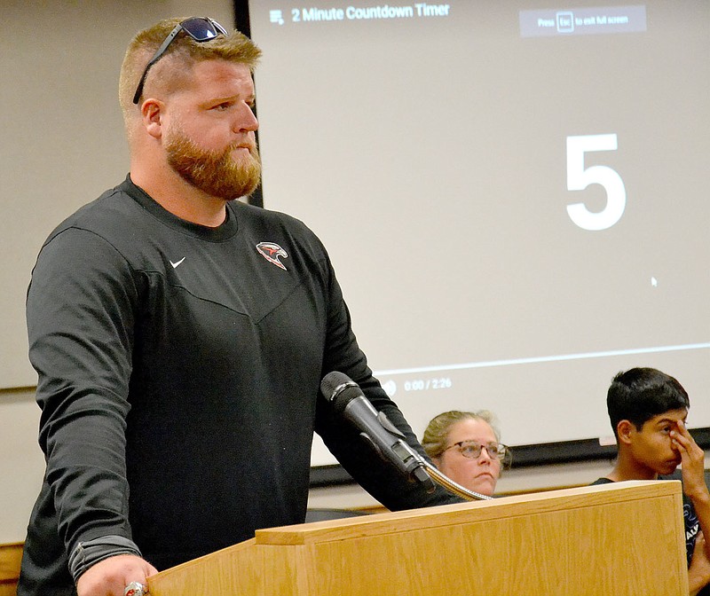 Head football coach Brey Cook spoke in favor of masks to avoid students being quarantined during the Monday, Sept. 13, School Board meeting.