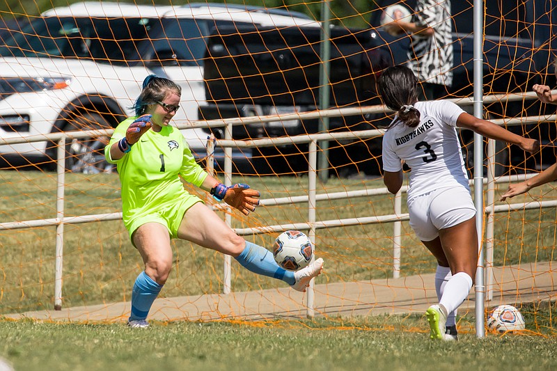 National Park freshman goalkeeper Brooklyn Mize, left, clears a shot out of the goal during Sunday's loss to Northern Oklahoma-Tonkawa. - Photo courtesy of Aaron Brewer