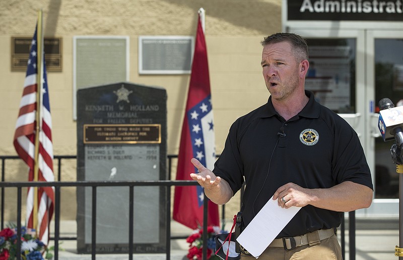 FILE -- Benton County Sheriff Shawn Holloway speaks Thursday, June 18, 2020, during a press conference about positive covid-19 cases among the jail population at the Benton County Jail in Bentonville. Go to nwaonline.com/200619Daily/ to see more photos.
(NWA Democrat-Gazette/Ben Goff)