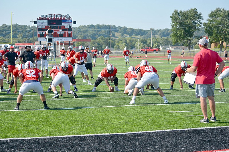 Al Gaspeny/Special to McDonald County Press
The Mustangs work on a goal-line play during practice. McDonald County&#x2019;s running game found early success, and the passing attack is picking up steam.