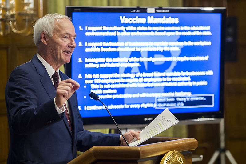 Governor Hutchinson addresses the media during a weekly address on the state's response to COVID-19 on Tuesday, Sept. 14, 2021

(Arkansas Democrat-Gazette/Stephen Swofford)