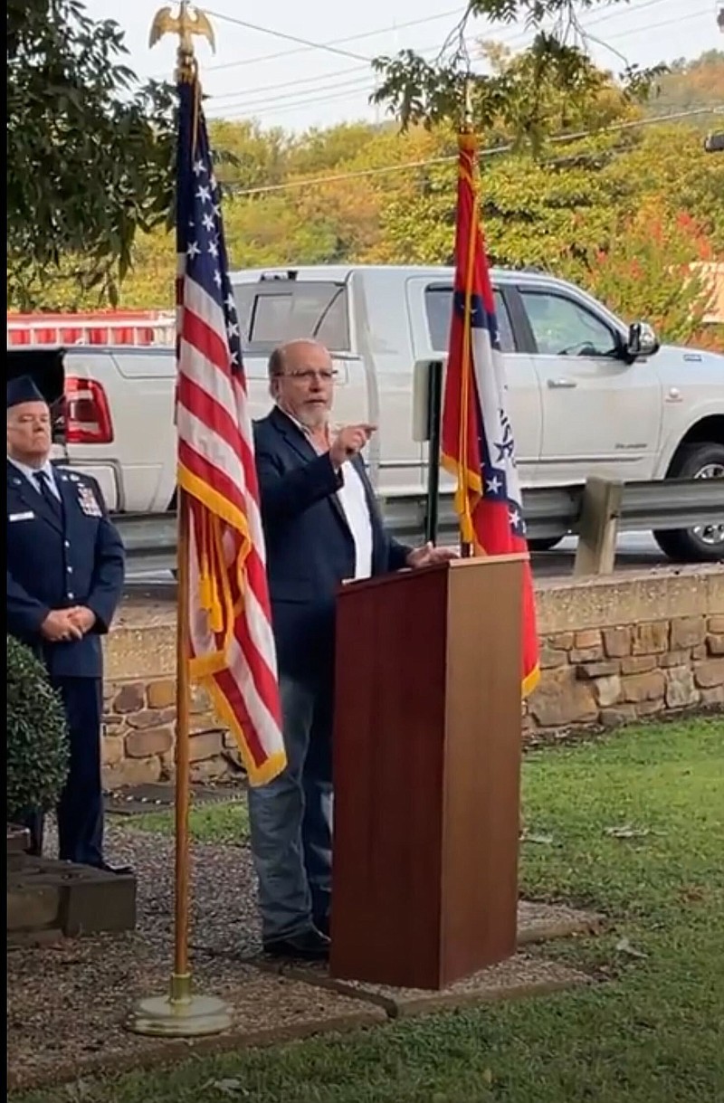 County Judge Darryl Mahoney speaks on Saturday, Sept. 11, at a ceremony to commemorate the 20th anniversary of the terrorist attacks of Sept. 11, 2001, on the front lawn of the Garland County Court House. Photo is courtesy of Justice of the Peace Esther Dixon. - Submitted photo