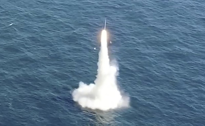 South Korea’s first underwater-launched ballistic missile breaks the surface Wednesday at an undisclosed location. The test was conducted hours after North Korea fired ballistic missiles into the sea.
(AP/South Korea Defense Ministry)