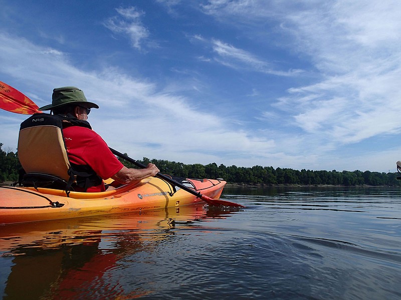 Paddlers and bikers can get the best of both worlds with a canoe or kayak trip on the Missouri River and a bike ride on the Katy Trail in central Missouri. Dave McCracken makes his way down the wide Missouri River on August 25 2021.