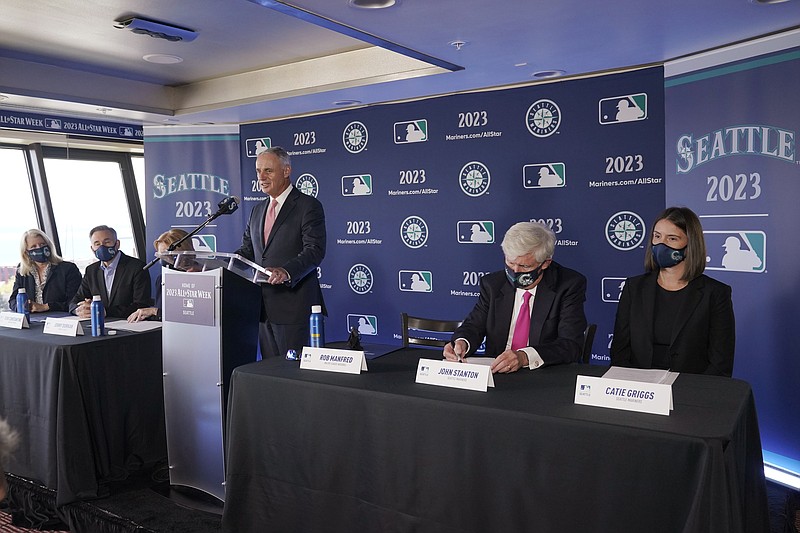 Baseball Commissioner Rob Manfred speaks during Thursday's news conference at the Space Needle in Seattle. Manfred announced that the Seattle Mariners will host the 2023 MLB All-Star Game at T-Mobile Park. - Photo by Ted S. Warren of The Associated Press