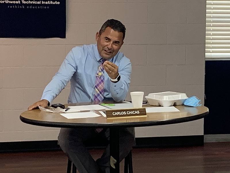 Carlos Chicas, Board of Directors vice chair, discusses student diversity Thursday at the Northwest Technical Institute board's September meeting. (NWA Democrat Gazette/Mary Jordan)