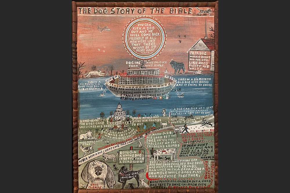 Howard Finster, “The Dog’s Story of the Bible,” 1976, house paint on wood and artist made frame, John Jerit Collection (Special to the Democrat-Gazette/UALR Gallery Program)