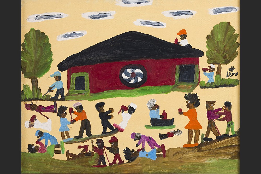 Clementine Hunter, “Saturday Night on the Cane,” 1970, oil on canvas, Dana and Dr. Curt Kinard Collection (Special to the Democrat-Gazette/UALR Gallery Program)