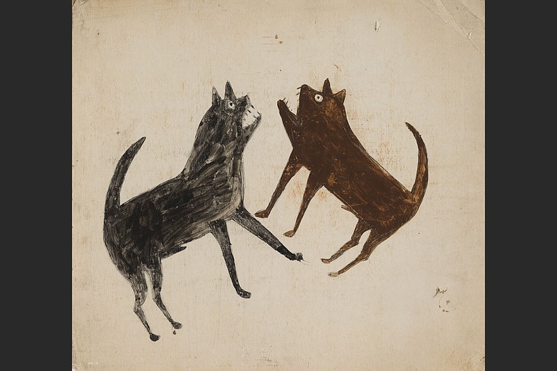 Bill Traylor, “Fighting Dogs”, circa 1939-1942, pencil and poster paint on cardboard sign, John Jerit Collection (Special to the Democrat-Gazette/UALR Gallery Program)