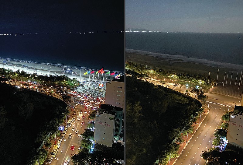 In this photo combination, the left shows busy traffic in Vung Tau, Vietnam on April 30, 2021, and the right shows empty street during a virus lockdown from the same view on Sept. 13, 2021. More than a half of Vietnam is under a lockdown order to contain its worst virus outbreak yet.(AP Photo/Mathieu Le Besq)