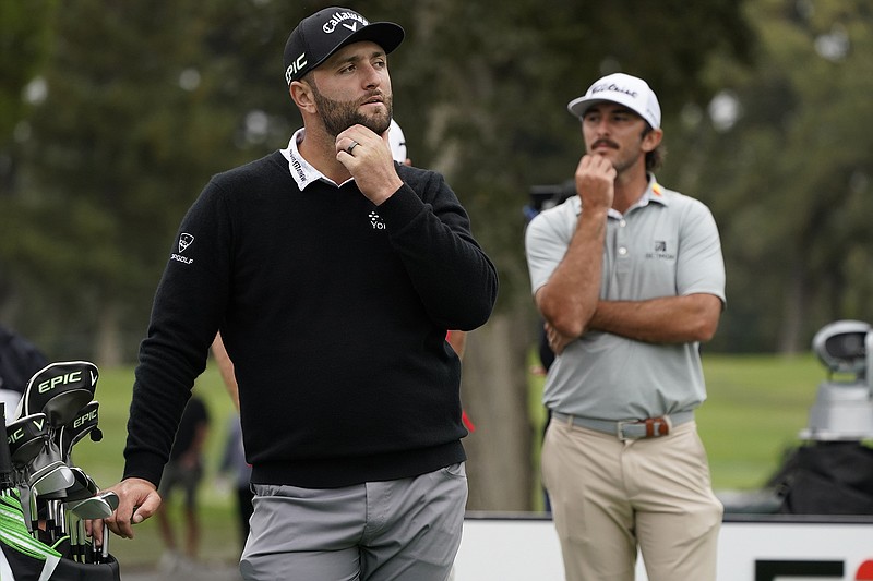 Jon Rahm, left, and Max Homa wait to hit from the second tee of the Silverado Resort North Course during the first round of the Fortinet Championship PGA golf tournament Thursday in Napa, Calif. - Photo by Eric Risberg of The Associated Press