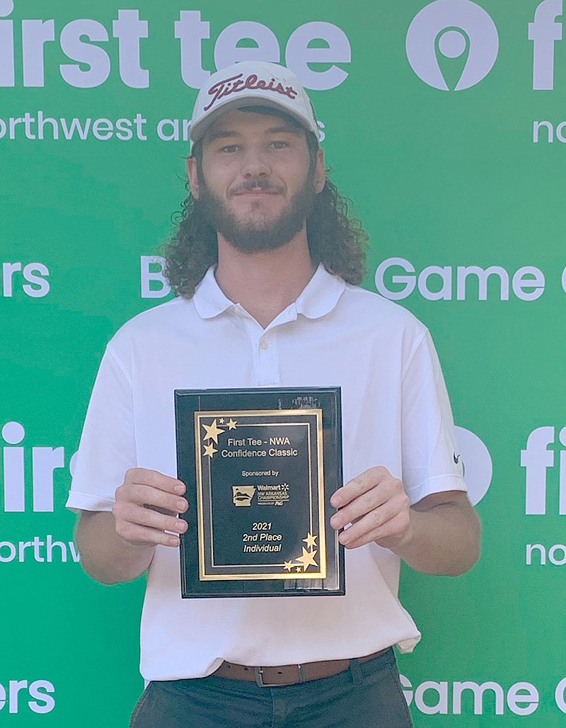 Photo submitted
Siloam Springs senior Brayden Fain holds his plaque for finishing second individually at the First Tee Confidence Classic held Thursday and Friday at Bella Vista Country Club. Fain shot a two-day total of 177, including a low round of 70 on Friday.