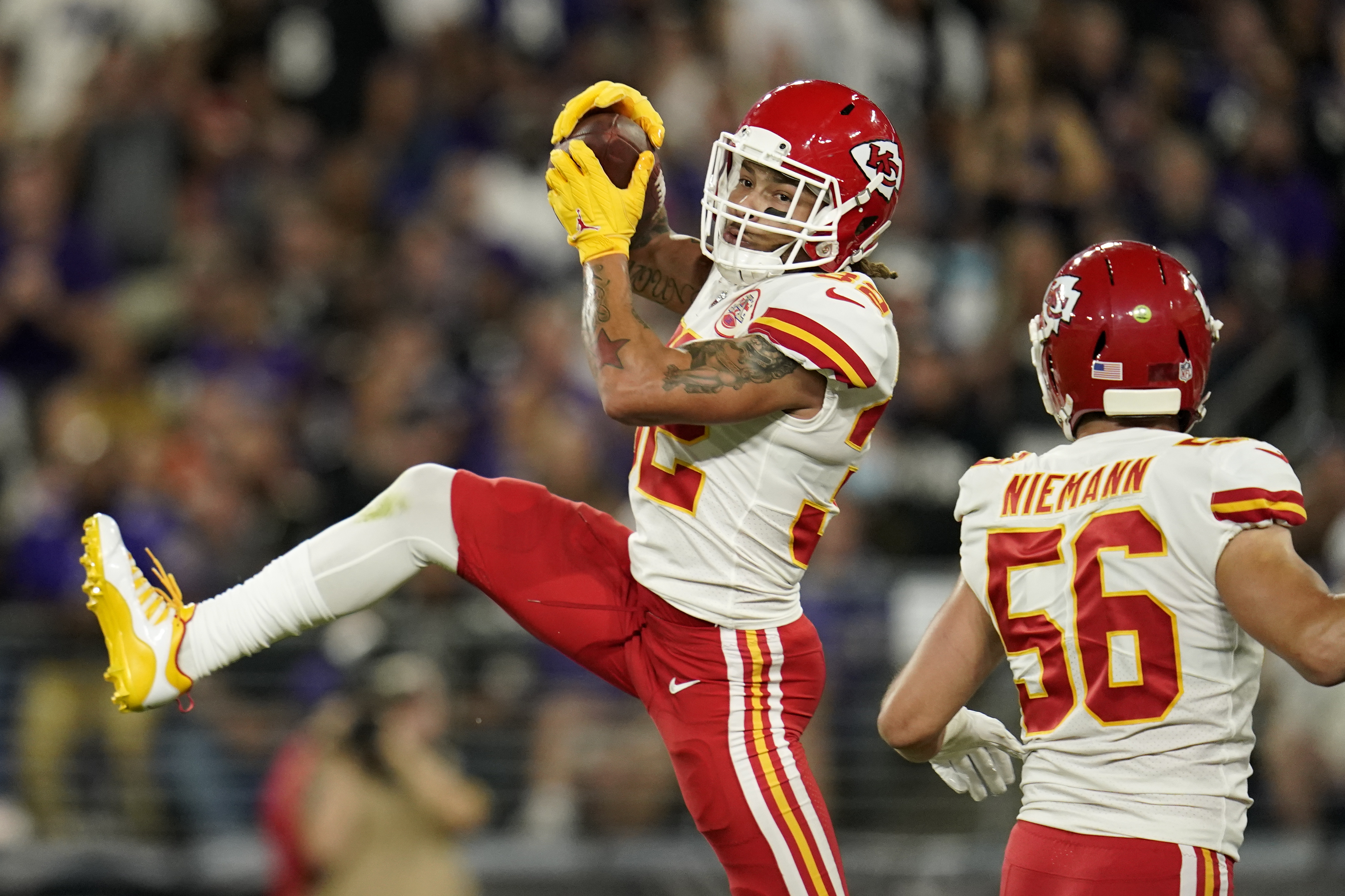 Kansas City Chiefs wide receiver Byron Pringle (13) runs down