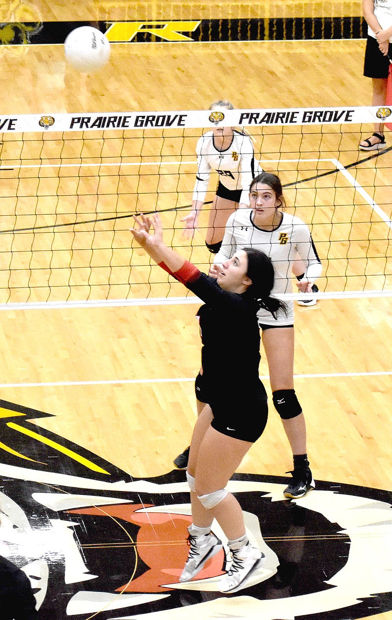 MARK HUMPHREY  ENTERPRISE-LEADER/Pea Ridge senior Izzy Smith sets up a hit. Smith recorded several timely assists to lead the Lady Blackhawks to a Tuesday, Sept. 14 road win by scores of 21-25, 25-20, 25-17, 27-25 at Prairie Grove in 4A-1 volleyball action.