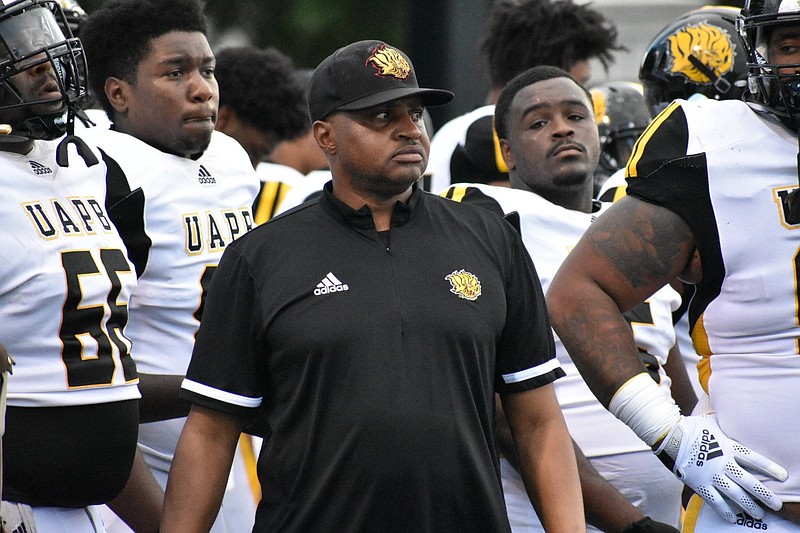 FILE — UAPB Coach Doc Gamble gathers his team before taking the field against Central Arkansas in Conway in this Sept. 18 file photo. (Pine Bluff Commercial/I.C. Murrell)