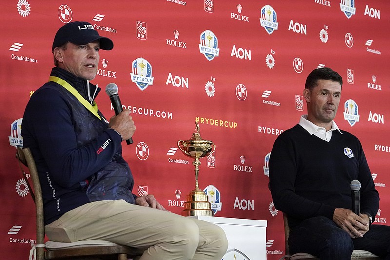 Team USA captain Steve Stricker and Team Europe captain Padraig Harrington answer questions at a new conference for the Ryder Cup at the Whistling Straits Golf Course Monday, Sept. 20, 2021, in Sheboygan, Wis. (AP Photo/Morry Gash)