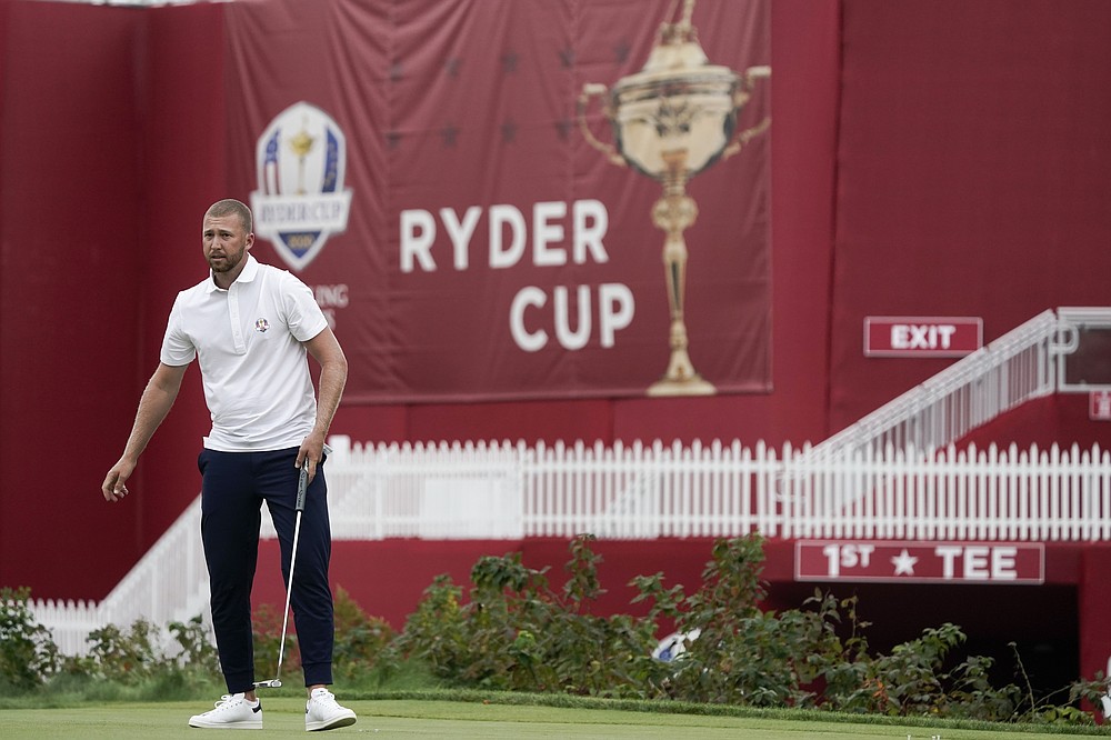 Team USA's Daniel Berger putss on a practice green at the Whistling Straits Golf Course Monday, Sept. 20, 2021, in Sheboygan, Wis. (AP Photo/Morry Gash)