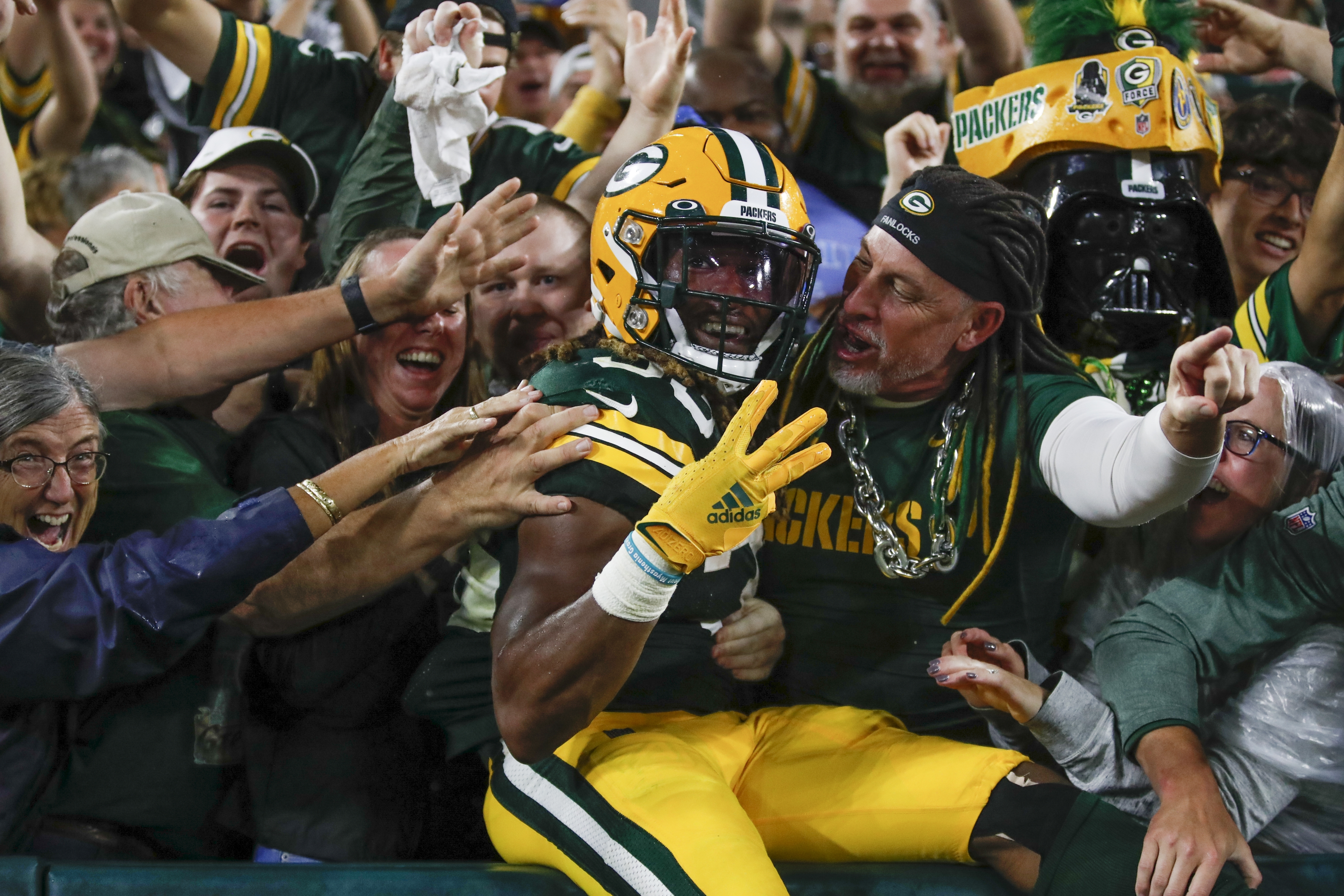 Green Bay Packers wide receiver Allen Lazard celebrates a fourth