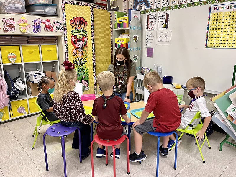 Hugh Goodwin teacher Amy Lester leads, from left, students Layla Rogers, Harper Love, Cayden Crawford, Gabe Steele and Andrew Arnold in small group instruction on Wednesday, Sept. 23. (Contributed)