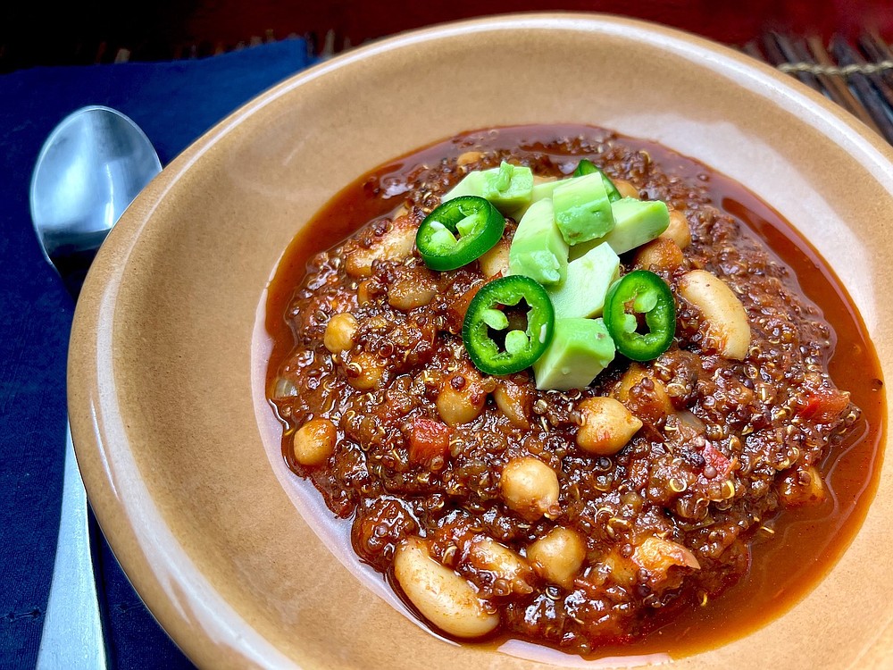 This Vegetarian Chili gets its protein from quinoa, chickpeas and white beans. (Arkansas Democrat-Gazette/Kelly Brant)