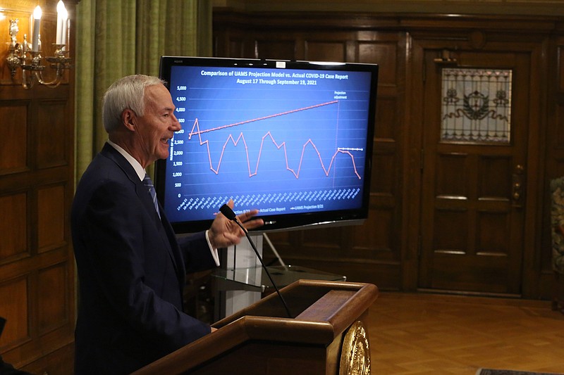 Gov. Asa Hutchinson talks about the UAMS model comparison with the actual cases of COVID-19 over the last month during his weekly COVID-19 update on Tuesday, Sept. 21, at the state Capitol in Little Rock. (Arkansas Democrat-Gazette/Thomas Metthe)