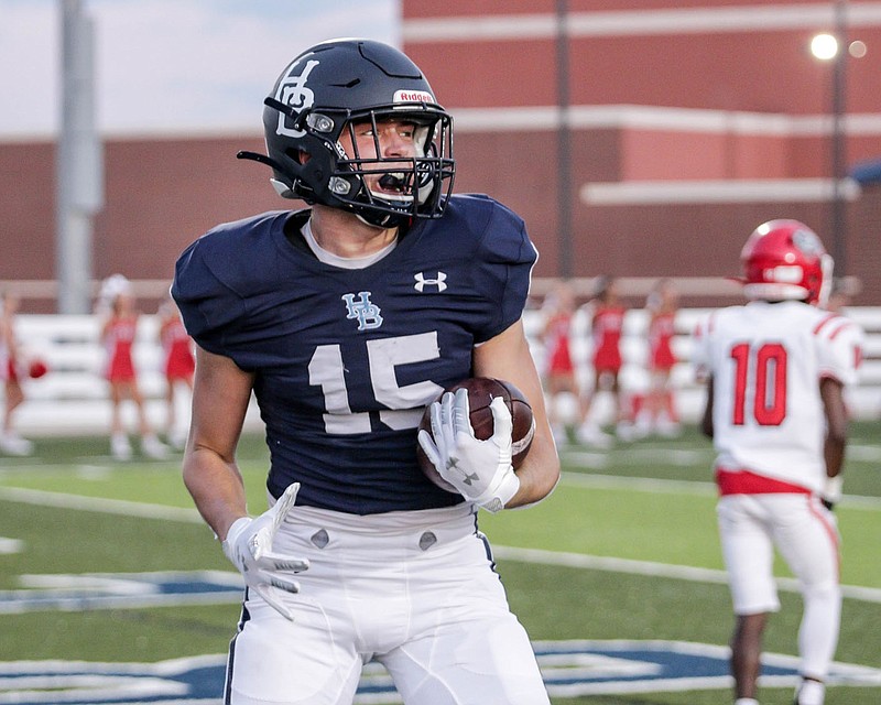 Drue McClendon celebrates a touchdown reception during Springdale Har-Ber's nonconference football game against Fort Smith Northside on September 17, 2021, at Wildcat Stadium, Springdale, Arkansas (Special to NWA Democrat-Gazette/Brent Soule)