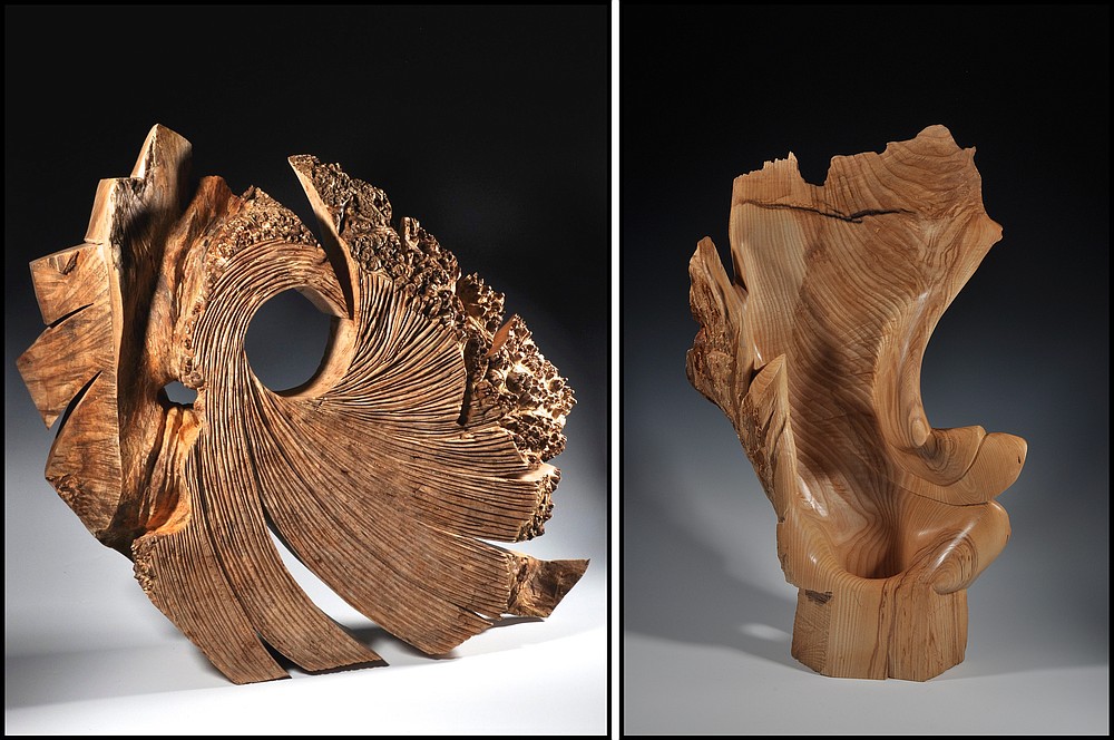 “Rhythms of Composition,” (left) maple burl by Robyn Horn, and “Ash Poise” by Sandra Sell are on display this month at Justus Fine Art in Hot Springs. (Special to the Democrat-Gazette)