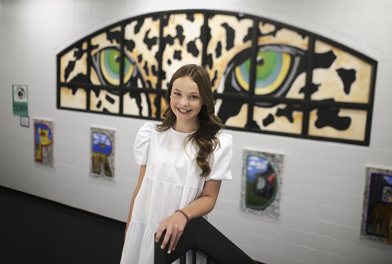 Ava Mae Masters poses for a photo, Friday, September 17, 2021 at Lincoln Junior High School in Bentonville. Masters earned the title of USA National Preteen 2021 over the summer. Go to nwaonline.com/210926Daily/ for today's photo gallery. 
(NWA Democrat-Gazette/Charlie Kaijo)