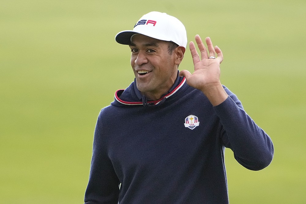 Team USA's Tony Finau gestures on the sixth hole during a practice day at the Ryder Cup at the Whistling Straits Golf Course Thursday, Sept. 23, 2021, in Sheboygan, Wis. (AP Photo/Jeff Roberson)