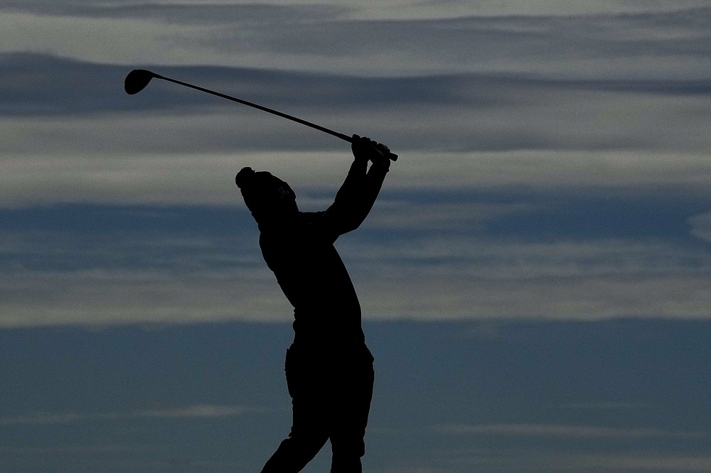 Team Europe's Matt Fitzpatrick hits on the sixth hole during a practice day at the Ryder Cup at the Whistling Straits Golf Course Thursday, Sept. 23, 2021, in Sheboygan, Wis. (AP Photo/Charlie Neibergall)