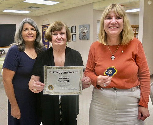 Westside Eagle Observer/SUSAN HOLLAND
2019-2020 officers of the Gravette Kiwanis Club display a certificate and plaque honoring them as a Distinguished Club for 2020. Pictured are Brenda Yates and Lavon Stark, co-secretaries for 2020, and Dr. Nancy Jones who was club president at that time. The award was presented at the club's installation banquet Thursday evening, Sept. 23.