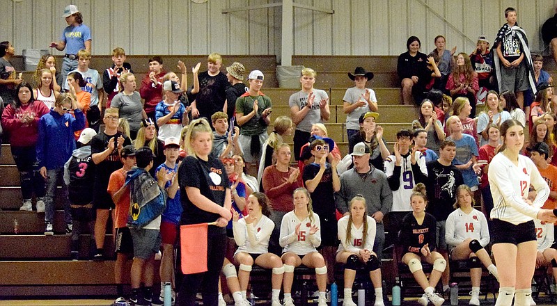 Westside Eagle Observer/MIKE ECKELS

It was &quot;Super Hero&quot; night at the Competition Gym in Gravette Sept. 21 as students give a cheer during the Gravette-Farmington varsity volleyball match. One thing was out of place during the event. Why was Captain America walking around with Thor's hammer. I guest we will never know!
