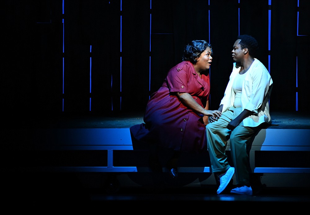 Actors Latonia Moore and Will Liverman go through a final rehearsal of Terence Blanchard’s opera, “Fire Shut up in My Bones,” Sept. 17 at the Metropolitan Opera House. (The Washington Post/Marvin Joseph)